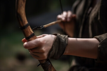 Unrecognizable woman practicing archery, drawing back a bowstring and aiming with precision, in a display of focus and skill