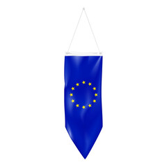 Single pennant flag of Europe on string. Hanging textile European Union flag isolated on white background realistic vector