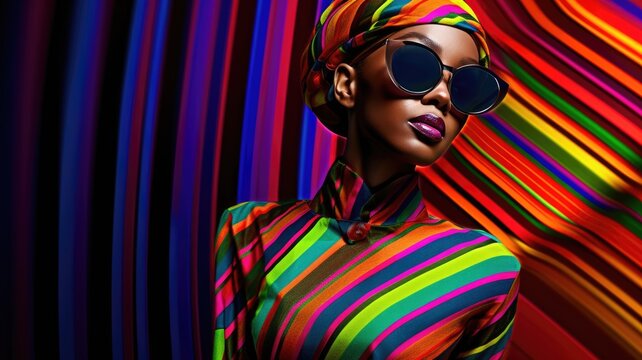 Fototapeta Young african female model posing with trendy fashion outfit and colorful glowing vibrant green and pink optical art abstract background. Picturesque generative AI