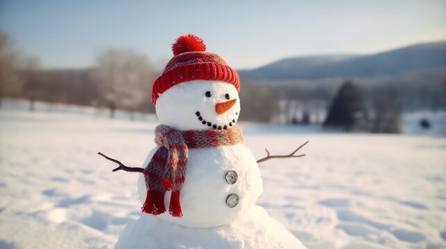 Winter scenery. Christmas snowman wearing red hat and scarf. Generative AI.