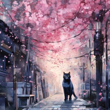 Watercolor cat in cherry blossom Generative Ai