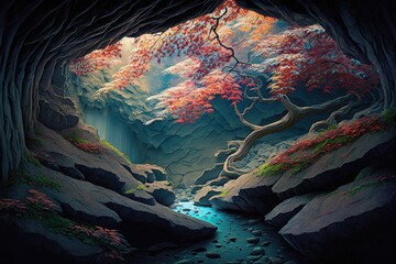 View of an autumn forest from a cave and a river in the mountains