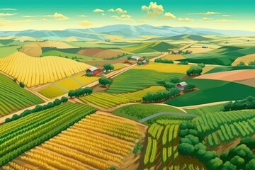 Fields of crops stretch towards distant hills. Generative AI