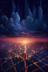 City skyline glitters with lights against dark horizon. Generative AI