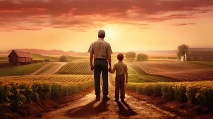 A father and his son stand on a farm road at sunset. (Generative AI)