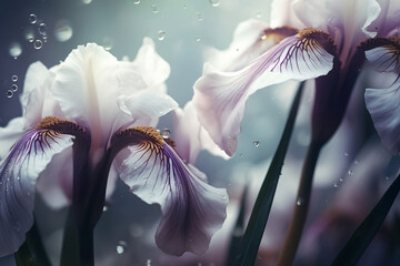 Fototapeta na wymiar delicate white irises in morning dew close up