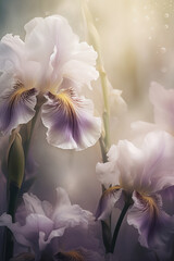 delicate white irises in fog close up