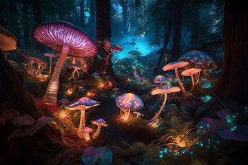 Fototapeta na wymiar colorful night in fantasy glowing mushroom forest