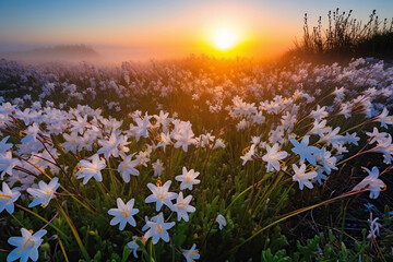 meadow of white wildflowers in morning fog