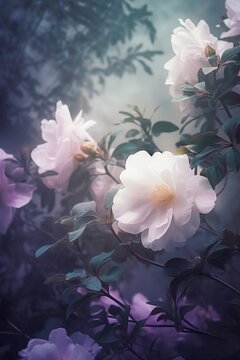 bushes of white roses on misty background