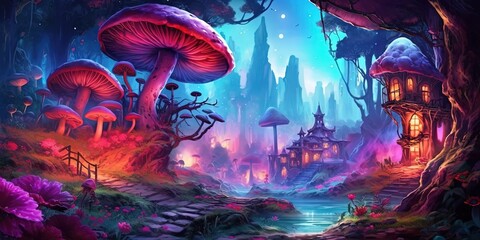 Fototapeta premium ambient fantasy magic forest landscape, a hut in enchanted forest, Generative Ai