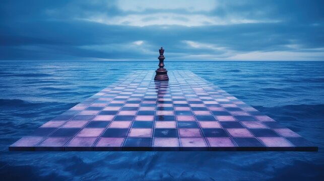 a chessboard with chess board sitting over sea of the ocean Generative Ai