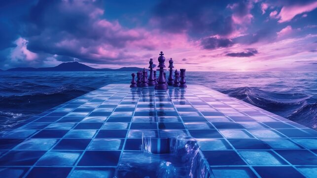 a chessboard with chess board sitting over sea of the ocean Generative Ai