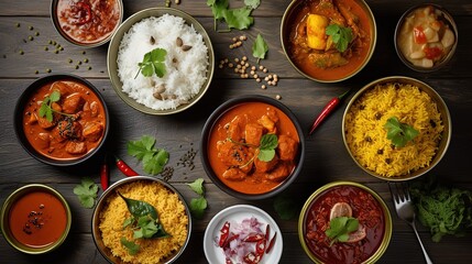 top view Indian meal on wooden table, curry and rice, Generative Ai