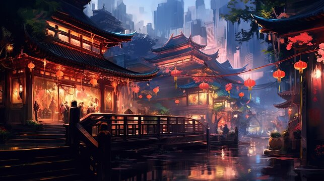 illustration of ancient Chinese old town at riverside, idea for home wall decor, Generative Ai