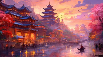 illustration of ancient Chinese old town at riverside, idea for home wall decor, Generative Ai - obrazy, fototapety, plakaty