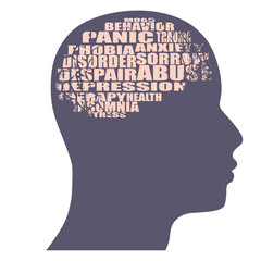 Head of man with mental health relative tags cloud. Psychiatry concept