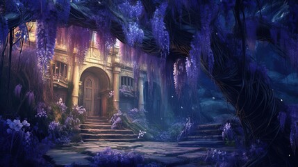 illustration fantasy background wallpaper of beautiful wisteria flower blossom at ancient palace garden yard, Generative Ai