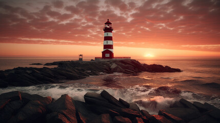 Radiant Sentinel: The Enchanting Red and White Lighthouse at Sunset. Generative AI