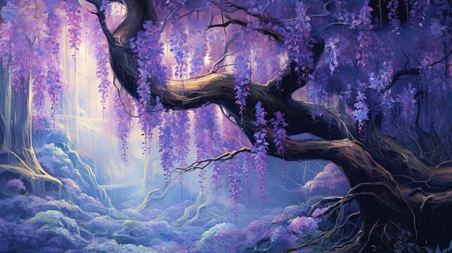 illustration fantasy background wallpaper of beautiful wisteria flower blossom tree enchanted garden, Generative Ai