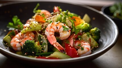 close up seafood shrimp salad bowl, idea for healthy food rich with fiber and nutrition, Generative Ai