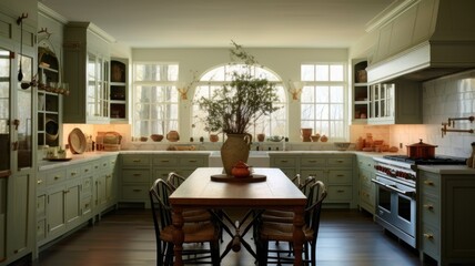 The interior design of gorgeous kitchen with dining table in english style. Generative AI AIG27.