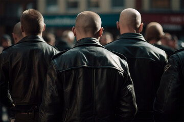 Back view of group of skinhead neo-nazis in leather jackets.  - obrazy, fototapety, plakaty