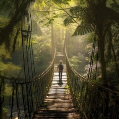 Fototapeta premium Man crossing a hanging bridge over a river, Generative AI