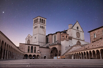 Assisi, basilica of San Francesco, night and stars. Italy