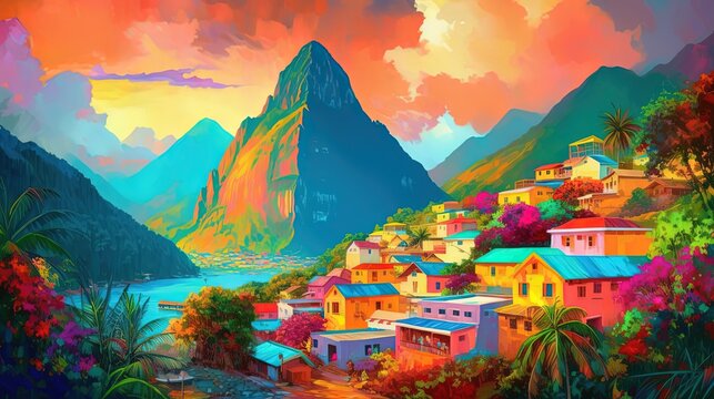 illustration of beautiful tranquil landscape of valley village beside river, Generative Ai
