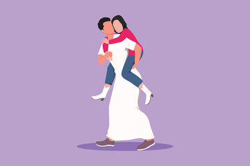 Character flat drawing happy man carry girlfriend on his back. Romantic Arab couple in love. Relationship concept in always supporting and helping in any situation. Cartoon design vector illustration