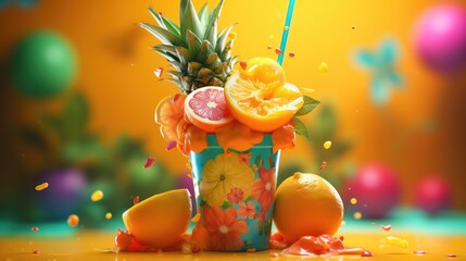 Fototapeta na wymiar Tropical bright colorful background with exotic fruits and flowers. Summer minimal fashion concept.