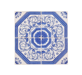Oporto tiles, light blue pattern with geometric shapes, octagons and plants