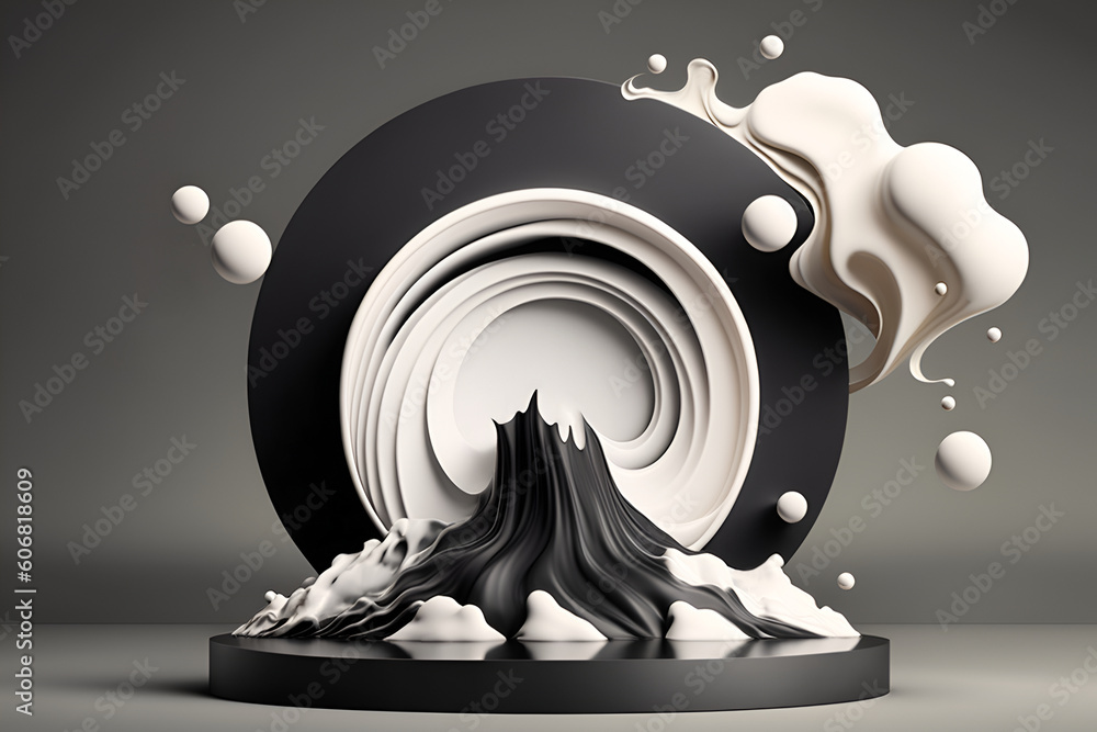 Poster abstract minimal concept. monochrome black white background with podium, liquid swirl abstract lands