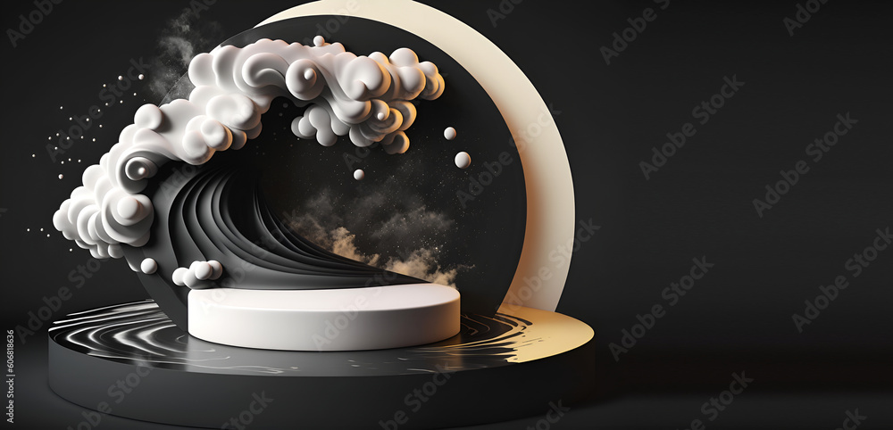 Poster abstract minimal concept. monochrome black white background with podium, swirl abstract landscape. m
