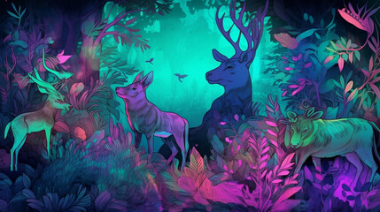 AI Generative of color forest animals, colourful animals, animals, person, coloured animals, tropical, in the style of neon art