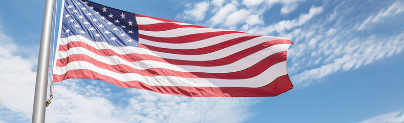 The US flag is evolving on the flagpole. Independence Day, Memorial Day banner. 