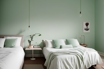 Bedroom interior detail with pale green walls - generative ai

