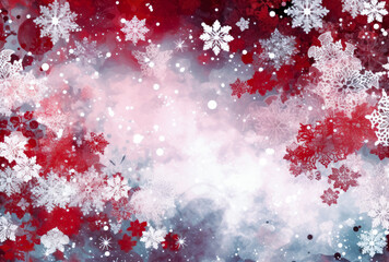 Red and white Christmas landscape with snowflakes and trees, dark red and white, monochrome landscapes. Generative Ai Illustration.