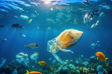 Naklejka na ściany i meble Illustration of a plastic bag polluting the ocean and harming marine life created with Generative AI technology