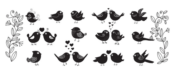 Big set of couple birds icon character hand drawn vector illustration. family, love symbol.
