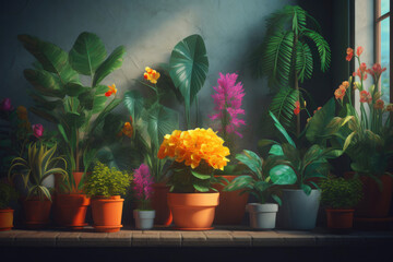 Colorful potted flower house plants. Generative AI