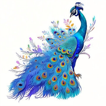 Watercolor peacock spreading its tails illustration