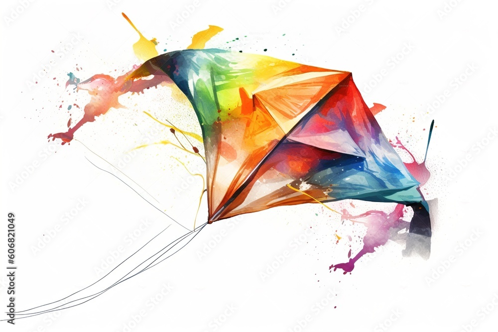 Poster drawing flying kite isolated on white background. generated by ai