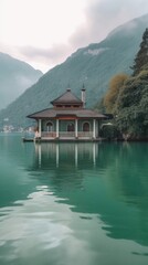 Fototapeta premium the lake and a floating building surrounded by mountains Generative Ai
