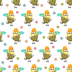 Seamless Pattern Abstract Elements Different Bee Insect Beetle With Flower Vector Design Style Background Illustration Texture For Prints Textiles, Clothing, Gift Wrap, Wallpaper, Pastel