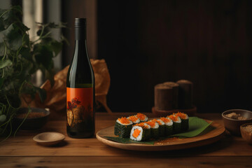 Obraz na płótnie Canvas Plate with sushi and a leaf on wooden table, wine bottle nearby. Generative AI