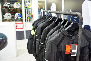 Black motorcycle jackets in store