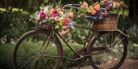 Fototapeta na wymiar A vintage bicycle with a basket of fresh flowers, evoking a sense of nostalgia and romance, concept of Sentimentality, created with Generative AI technology
