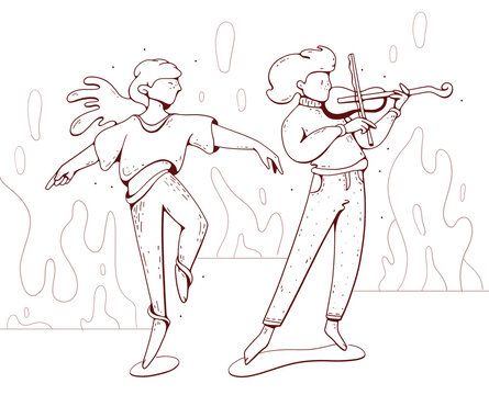 Dancer and musician in line doodle style.